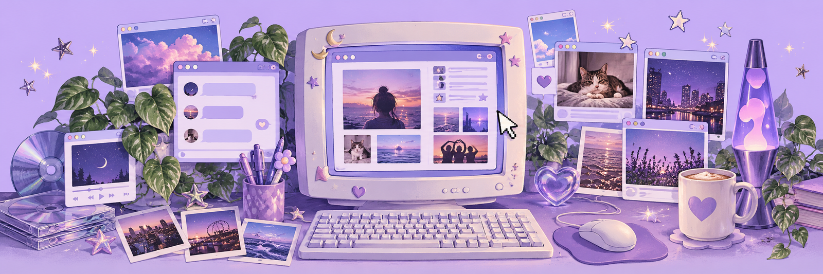 A cozy retro internet scene with a computer, photographs, plants and a lavender lava lamp